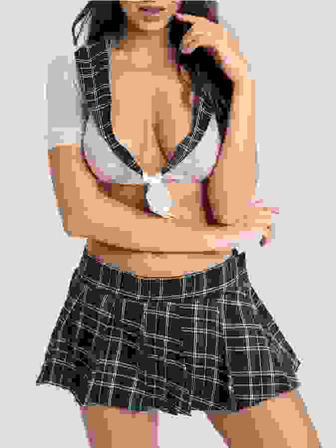 Lovehoney Fantasy Green Plaid Skirt Set, Green, hi-res